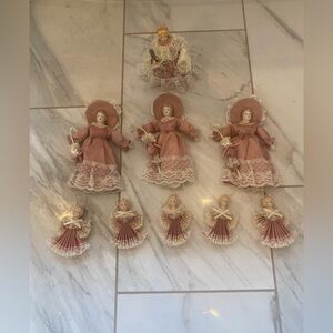 Lot of Vintage Porcelain Doll Ornaments – 9 Victorian Girls Lace & Satin Fan